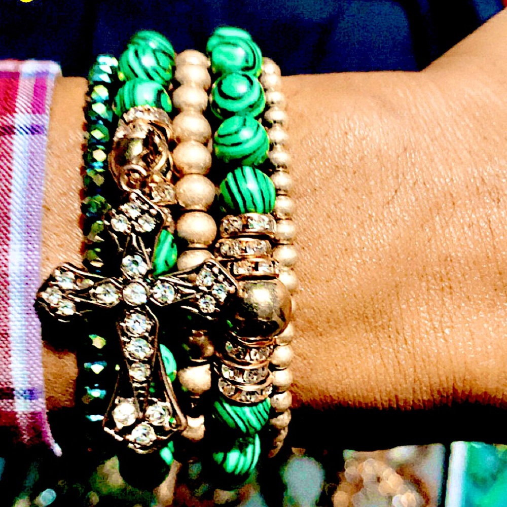 Green & Black marble & 14K gold plated combination Malachite Beaded bracelet.